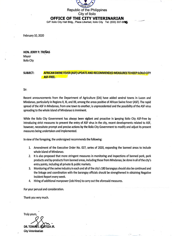 Letter of Iloilo City Veterinarian to Mayor Jerry Trenas asking for ban on pork products from Mindanao.