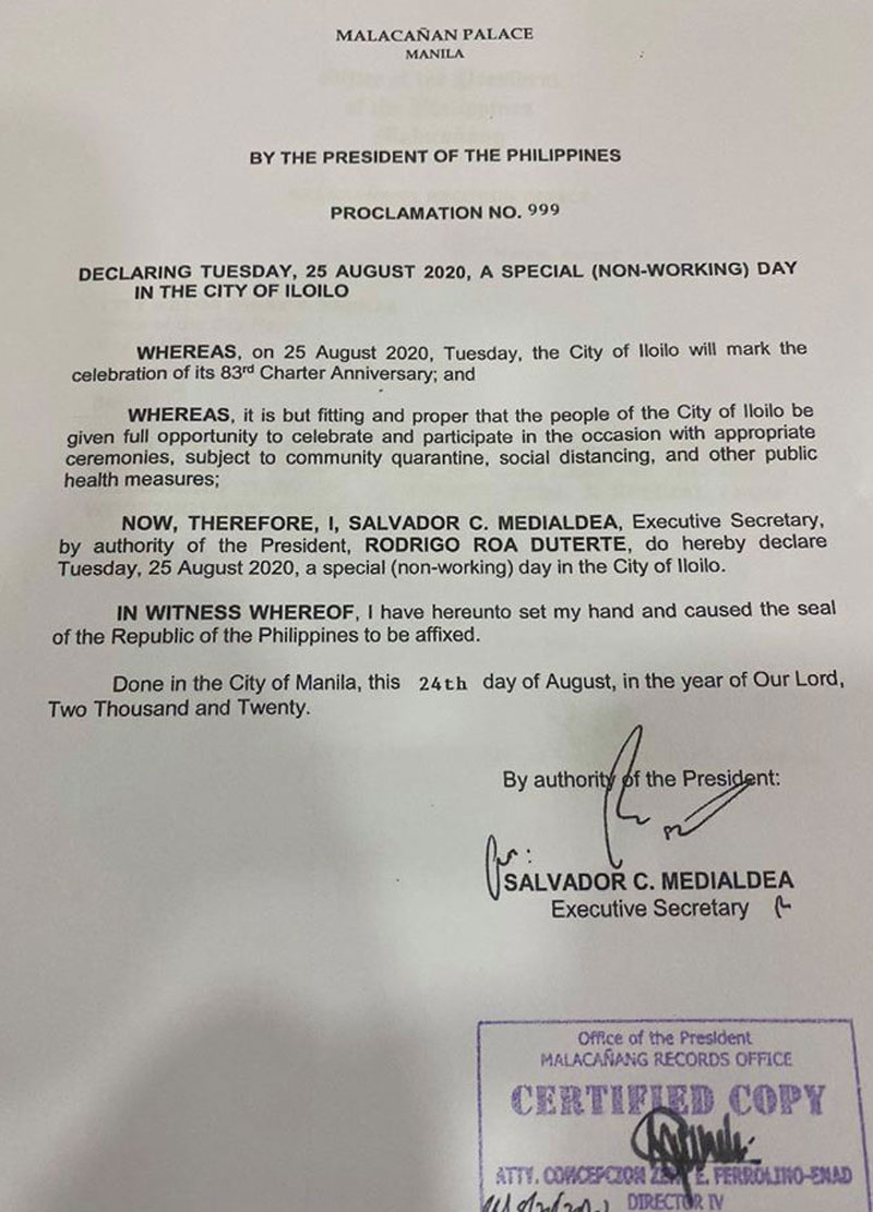 Presidential Proclamation No. 999 declaring Iloilo City Charter Day 2020 as special non-working holiday.