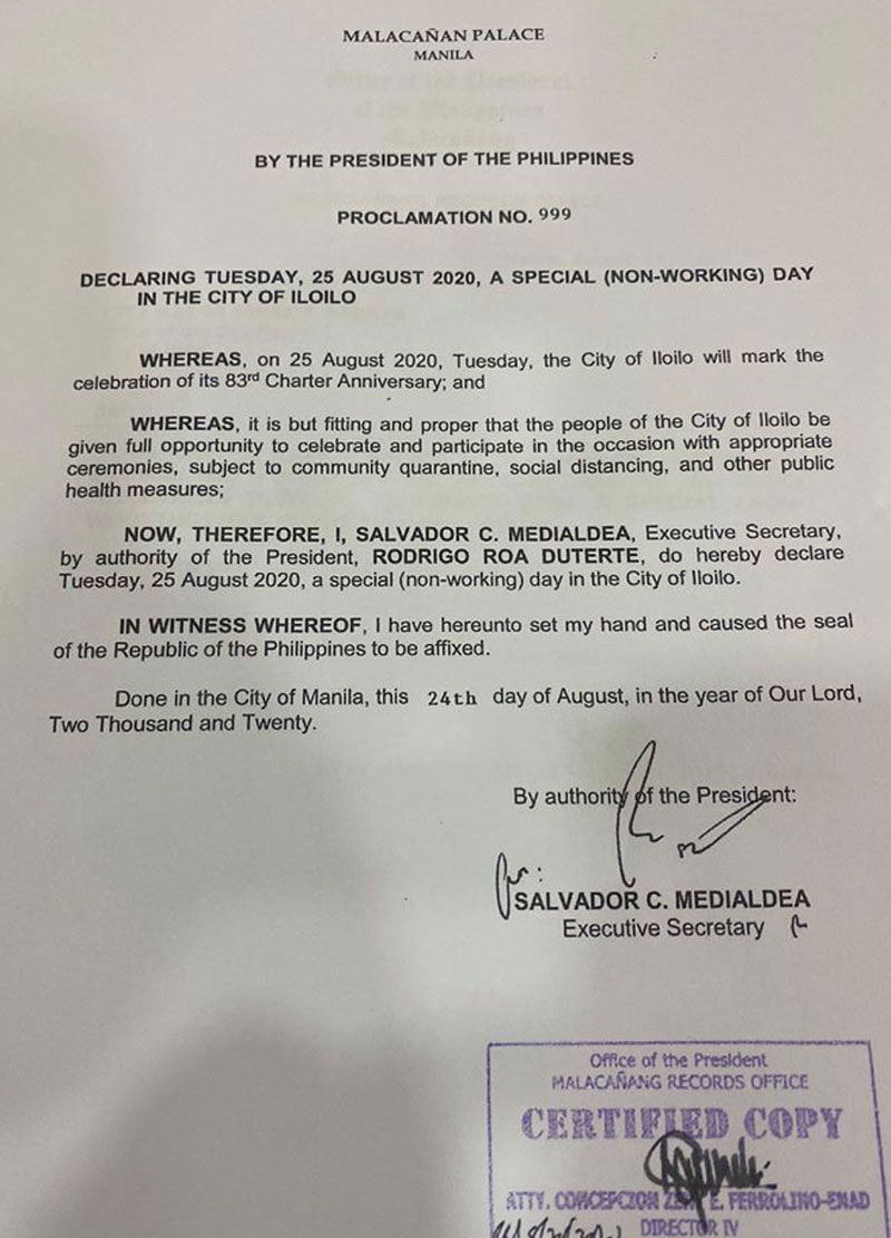 Presidential Proclamation No. 999 declaring Iloilo City Charter Day 2020 as special non-working holiday.