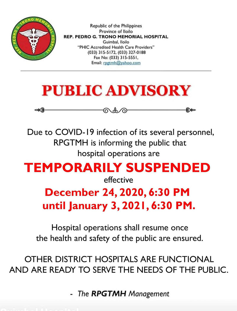 Public advisory on Guimbal hospital lockdown.