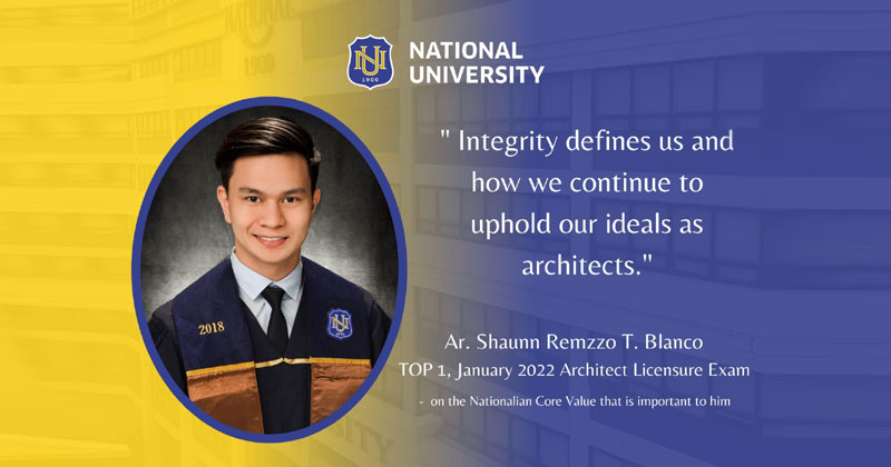 National University’s Architect Shaunn Remzzo T. Blanco led the 1370 (out of 2205) board passers, taking the top spot with an overall rating of 83.50% in the January 2022 Architect Licensure Examination.