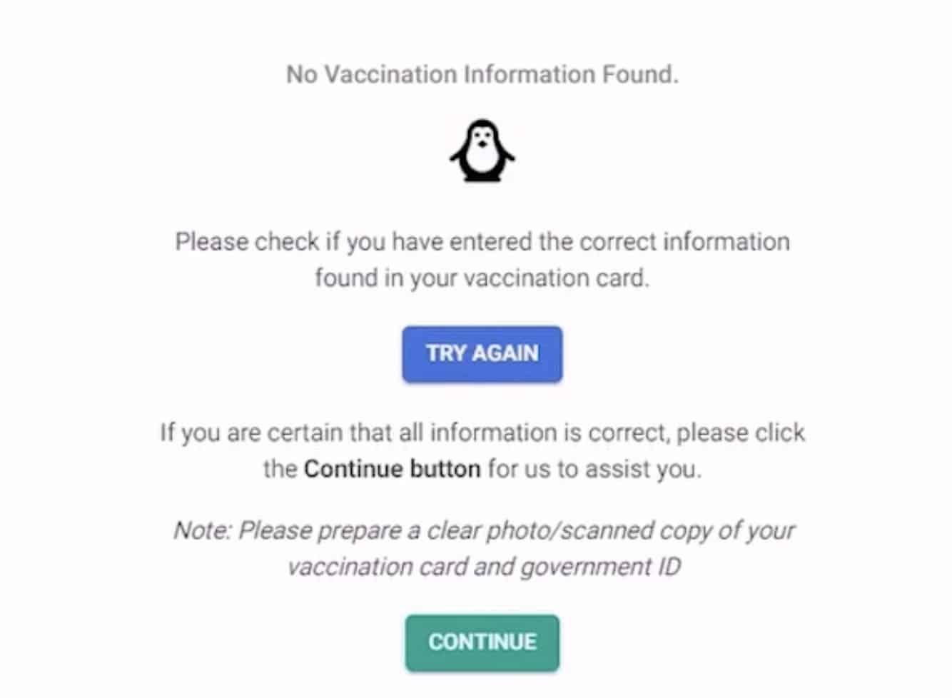 No Vaccination Information Found Error. What should I do?
