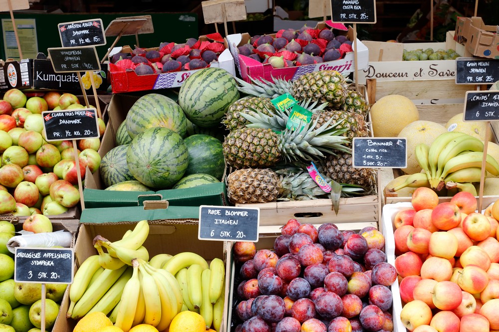 An array of fresh fruits every day at the Torvehallerne market in Copenhagen.