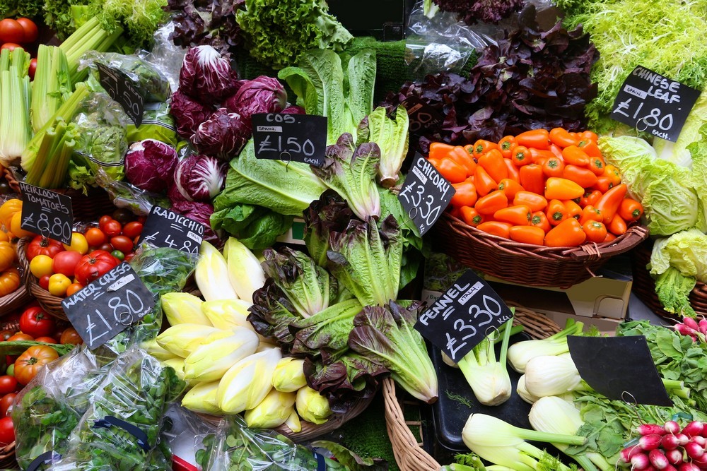 London Borough Market’s wide variety of fresh vegetables at a greengrocer’s stall.