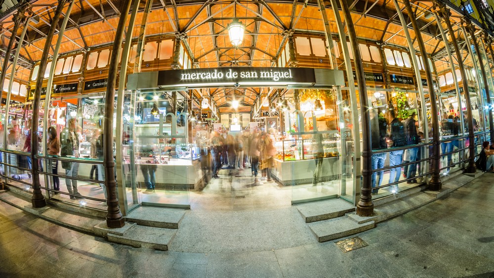 Mercado de San Miguel Market is a popular covered market with iron structure in the center of Madrid.