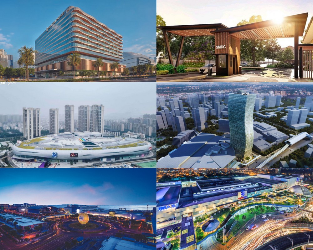 From Left to Right, Top to Bottom: Lanson Place, SM Development Corporation (SMDC) Turf Residences, SM City Yangzhou in China, SM Mega Tower, SM Mall of Asia Complex, and SM City North EDSA