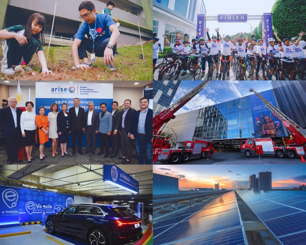 From Left to Right, Top to Bottom: SM Foundation’s Grow Trees Community Program, SM Cares’ Bike-Friendly Program, ARISE Philippines Chairperson Mr. Hans Sy and Members, SM Supermalls x Bureau of Fire Protection’s (BFP) Nationwide Simultaneous Fire Drill, SM Supermalls’ Electric Vehicle (EV) Charging Stations, and SM Prime’s Solar Rooftop Project